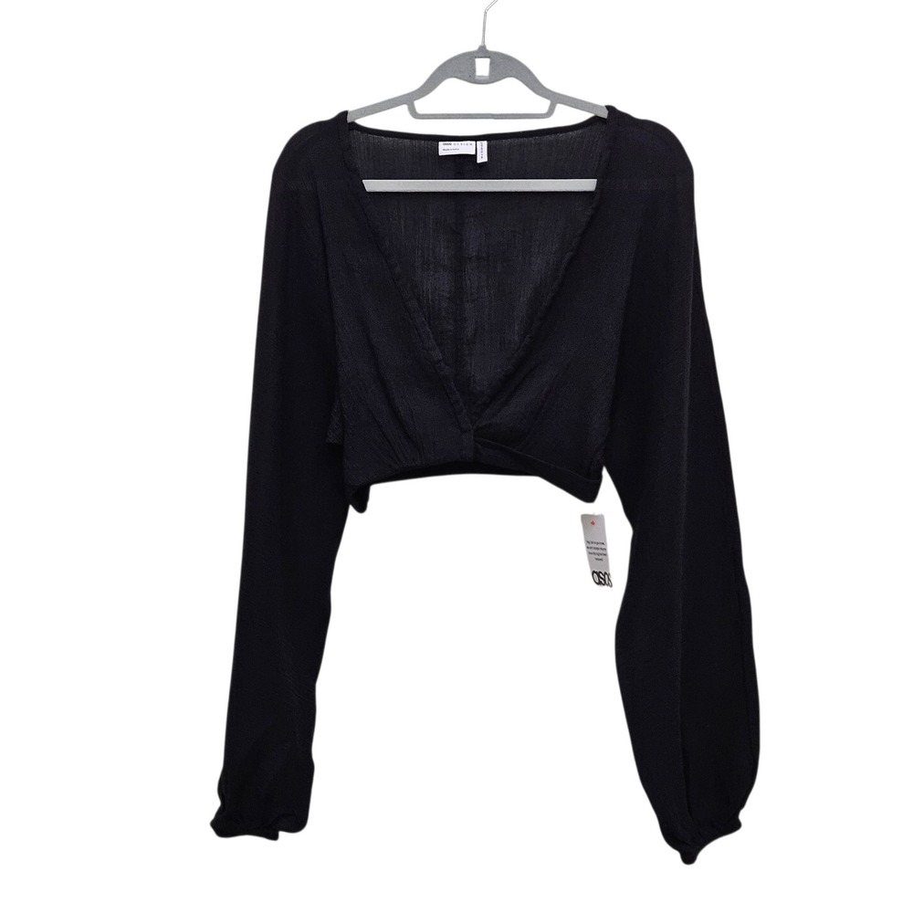 ASOS DESIGN Crop Top 2 Black Twist Balloon Sleeve Sheer Gauze Whimsigoth Fairy‎